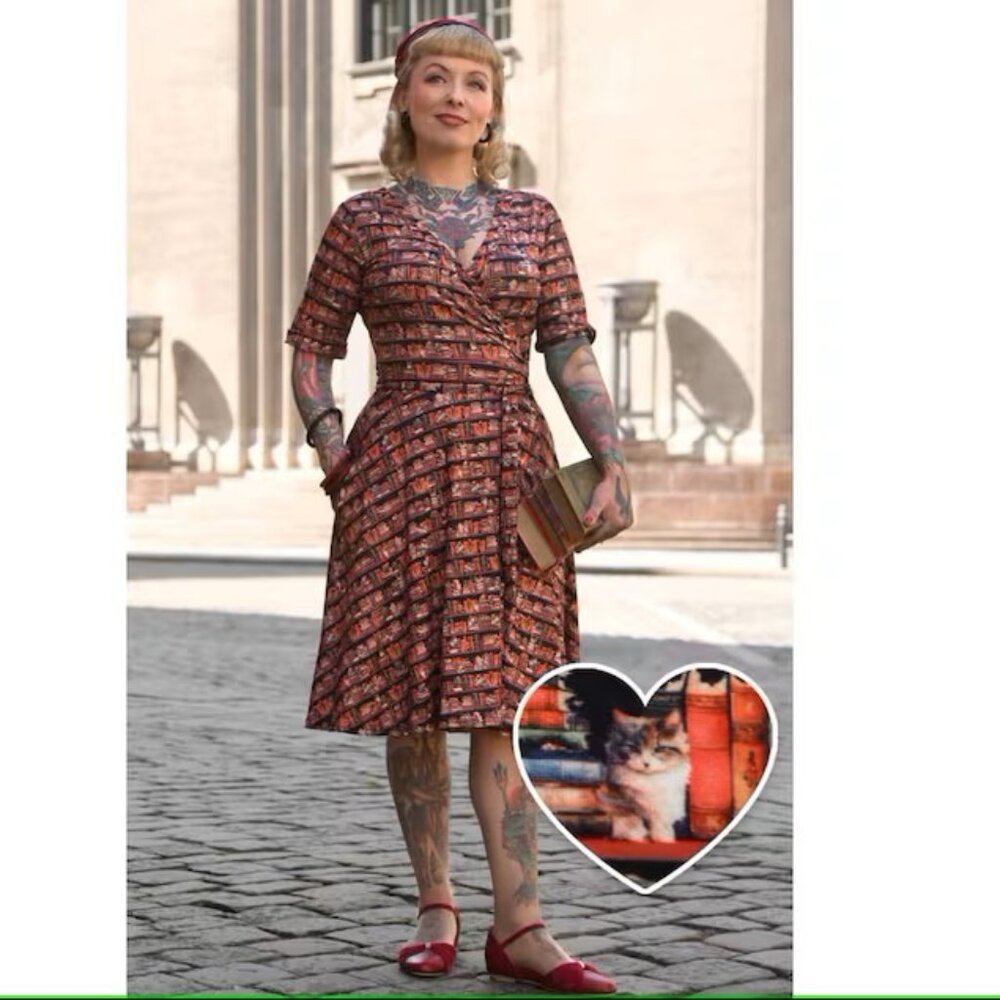 NWT Vintage-Inspired Cat & Book Wrap Dress, size 8